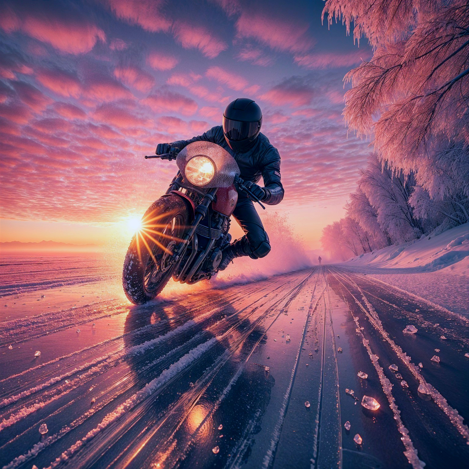 Motorcyclist Riding Through Snowy Winter Landscape