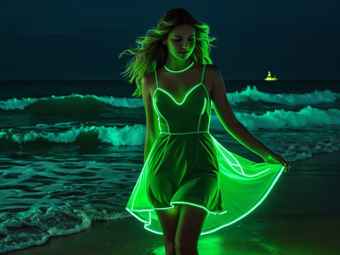 Young woman in glowing dress by ocean at twilight