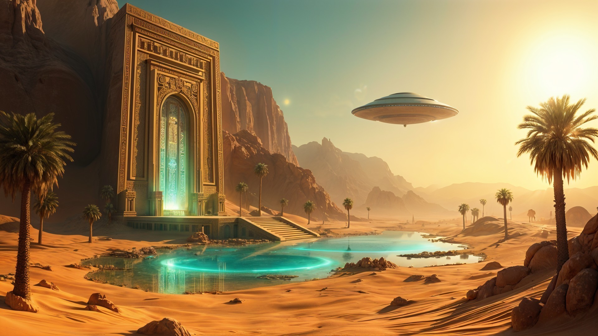 Futuristic desert landscape with ancient temple and UFO
