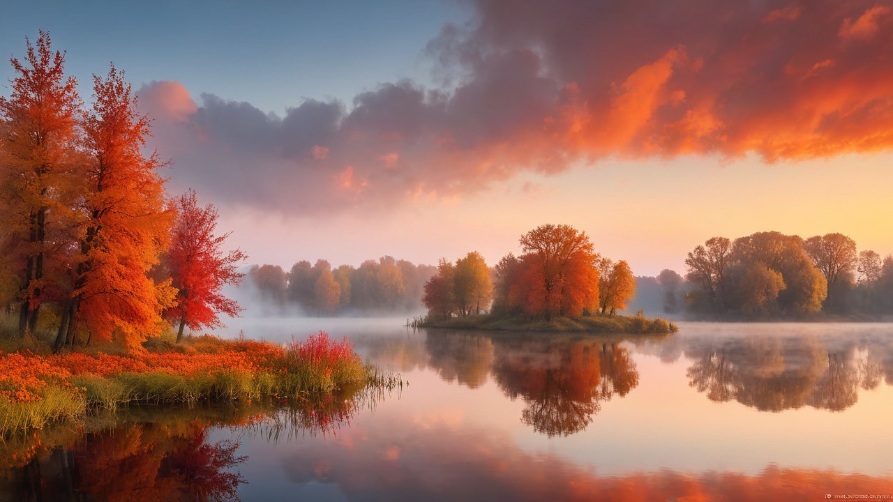 Autumn Landscape with Vibrant Foliage and Tranquil Lake