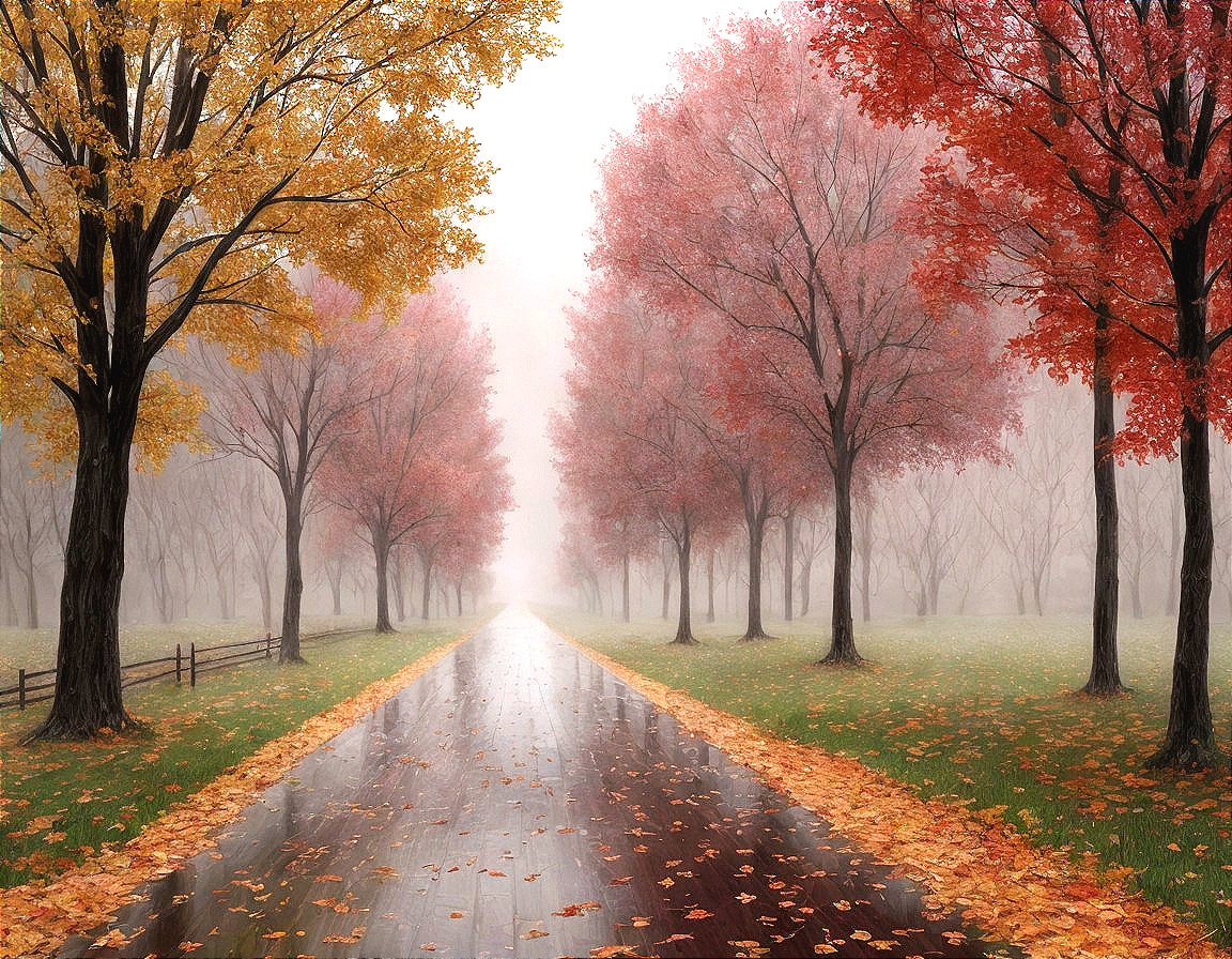 Misty Autumn Landscape with Winding Path and Trees