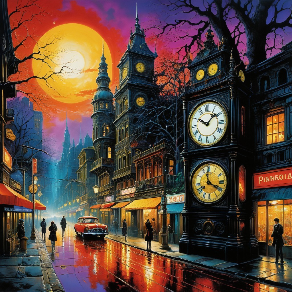 Twilight City Street with Gothic Buildings and Moonlight