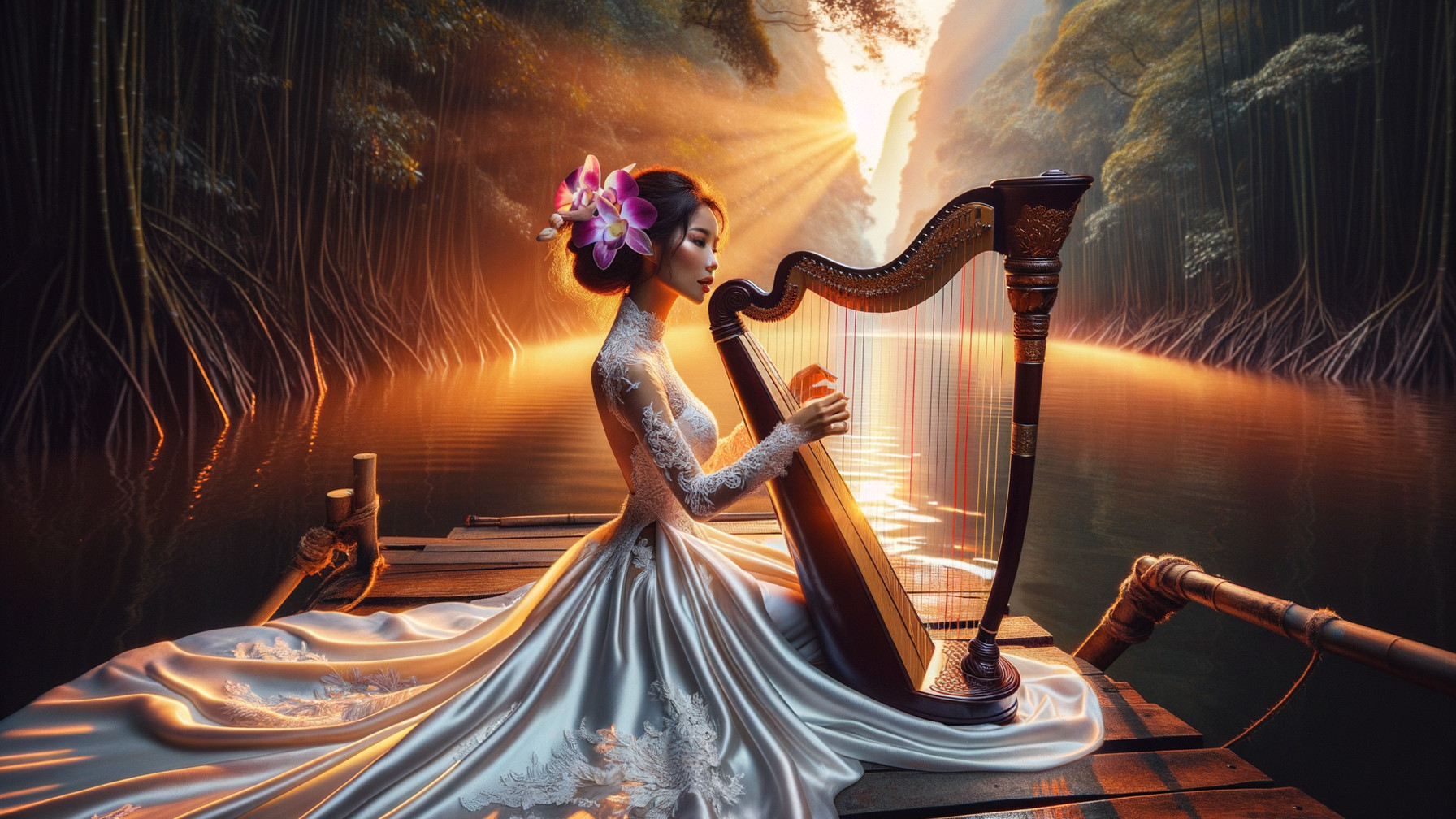 Woman on Raft Playing Harp by Tranquil River