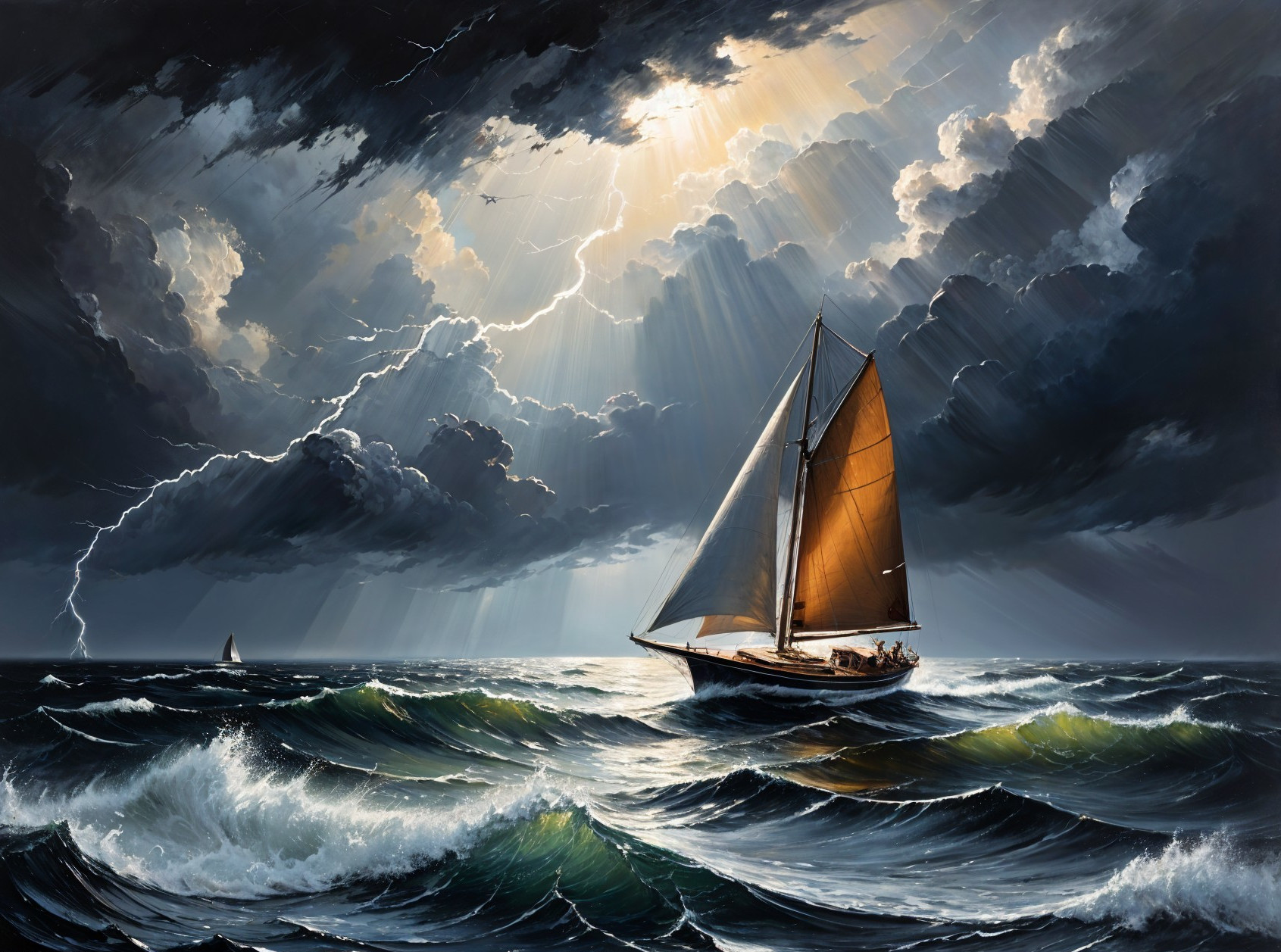 Sailboat Navigating Stormy Seas Under Dark Skies