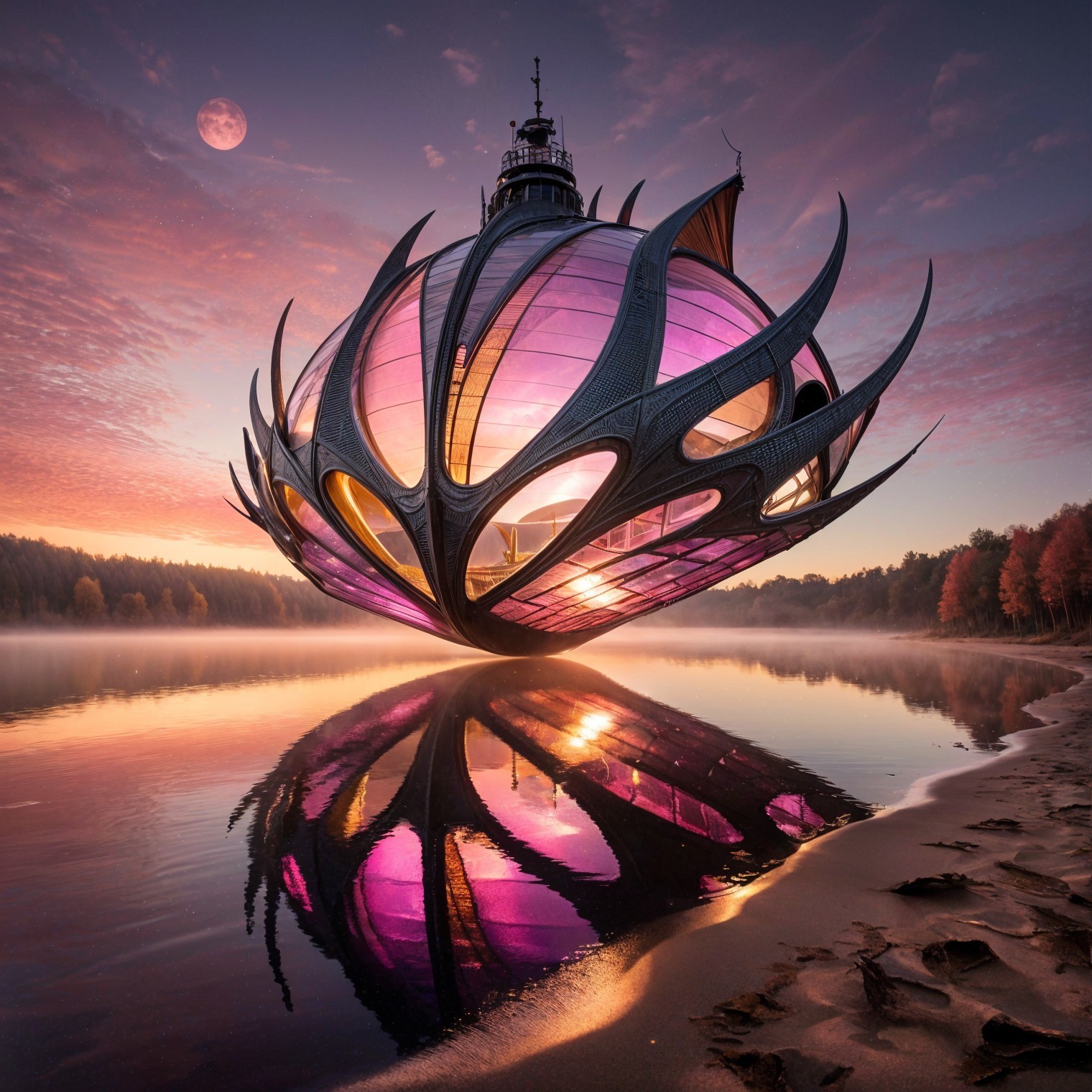 Surreal Futuristic Flower Structure Above Tranquil Lake