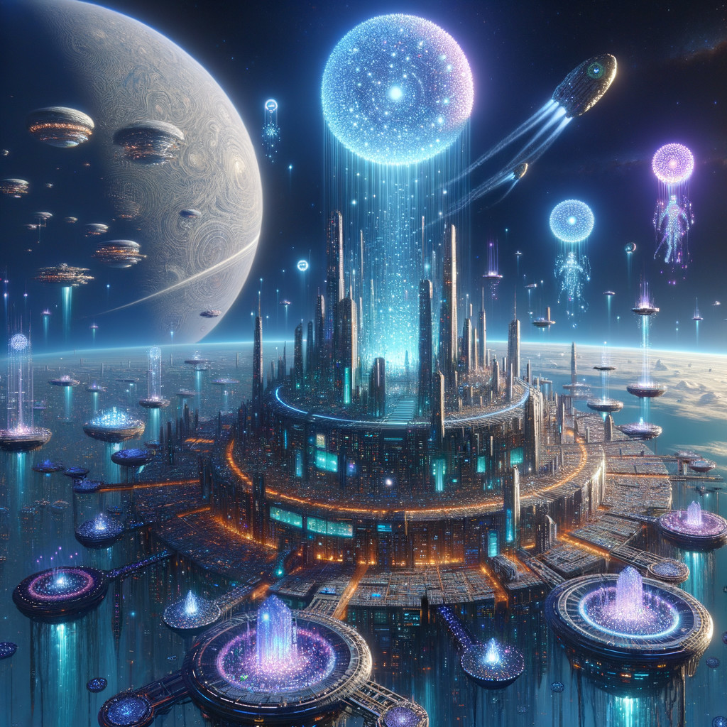 Futuristic floating city above ocean with glowing creatures