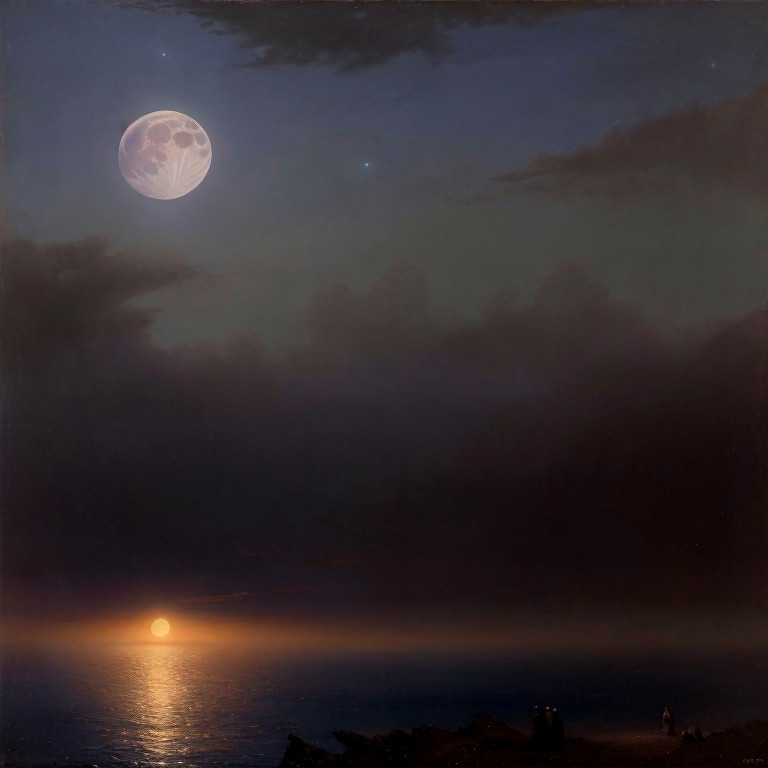 Twilight Scene with Moon and Calm Ocean Reflections