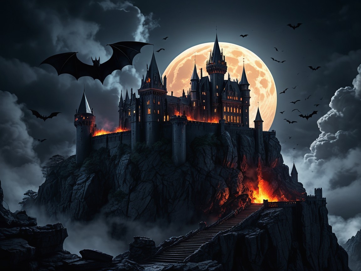 Gothic castle on a cliff under a full moon
