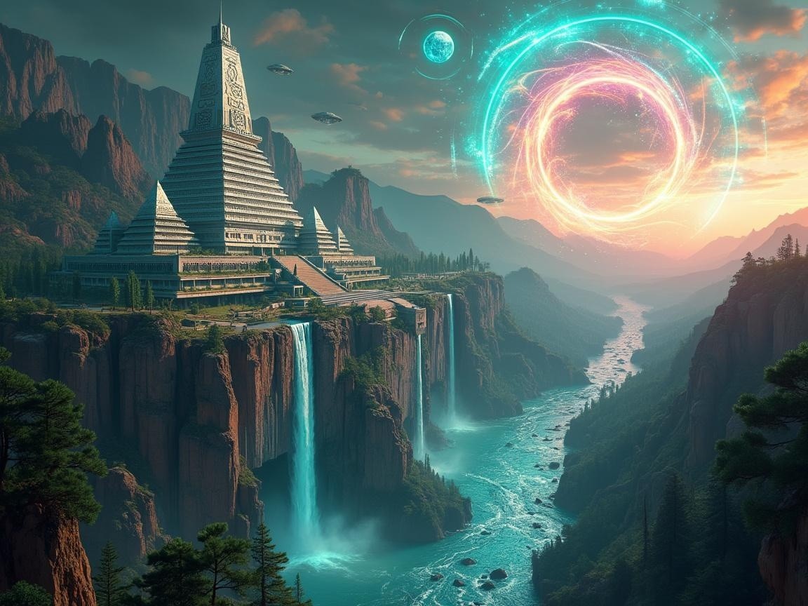 Majestic temple in a surreal mountain landscape