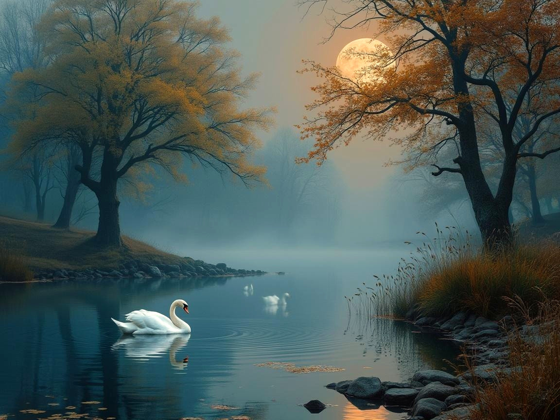 Serene Dawn Landscape with Misty Lake and Autumn Trees