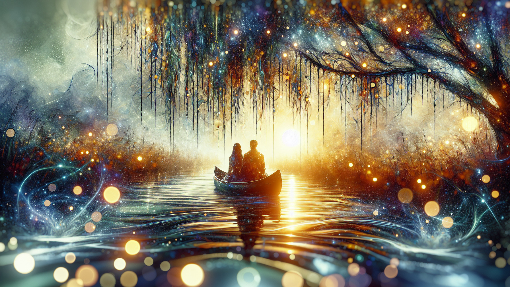 Surreal Couple in Boat Amidst Vibrant Waterway Scene