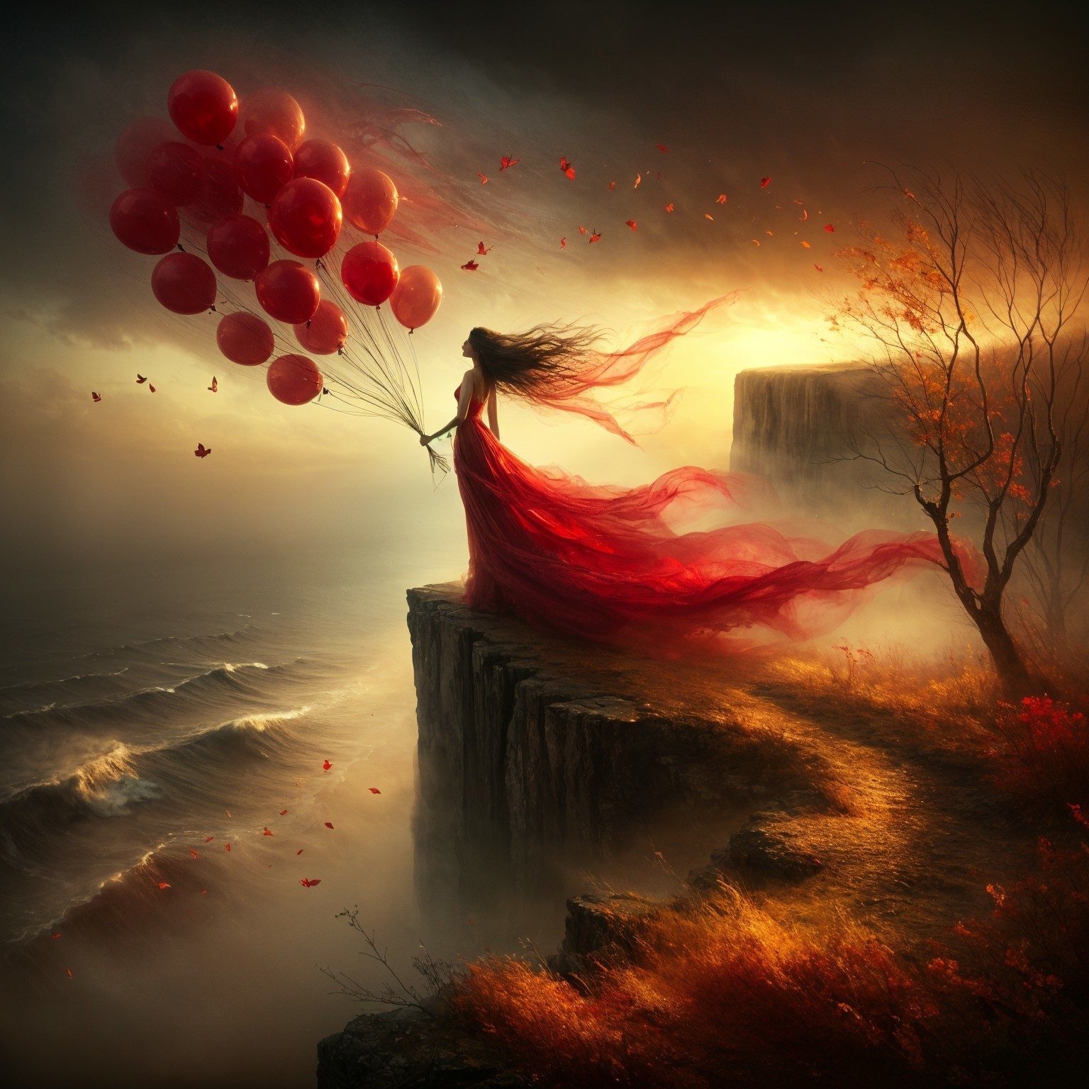 Woman in Red Dress with Balloons on Cliff at Sunset