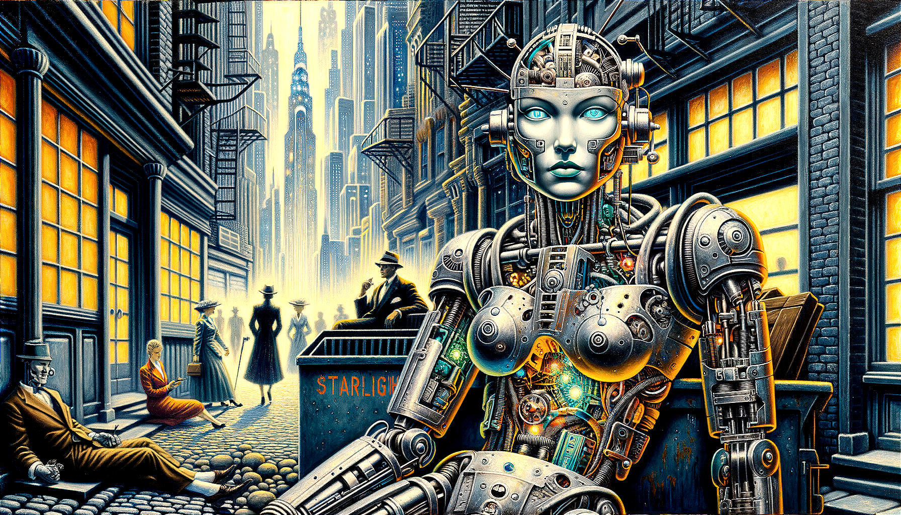 Humanoid Robot in Futuristic Cyberpunk Alley Scene