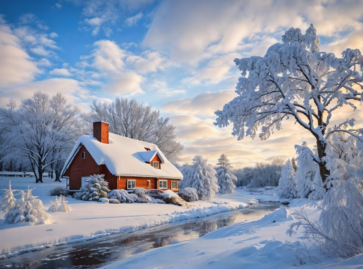 Red Cottage in Snowy Winter Landscape with River