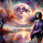 Serene Landscape with Woman by Tranquil Lake