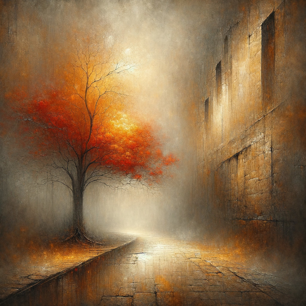 Solitary tree with red leaves near ancient wall