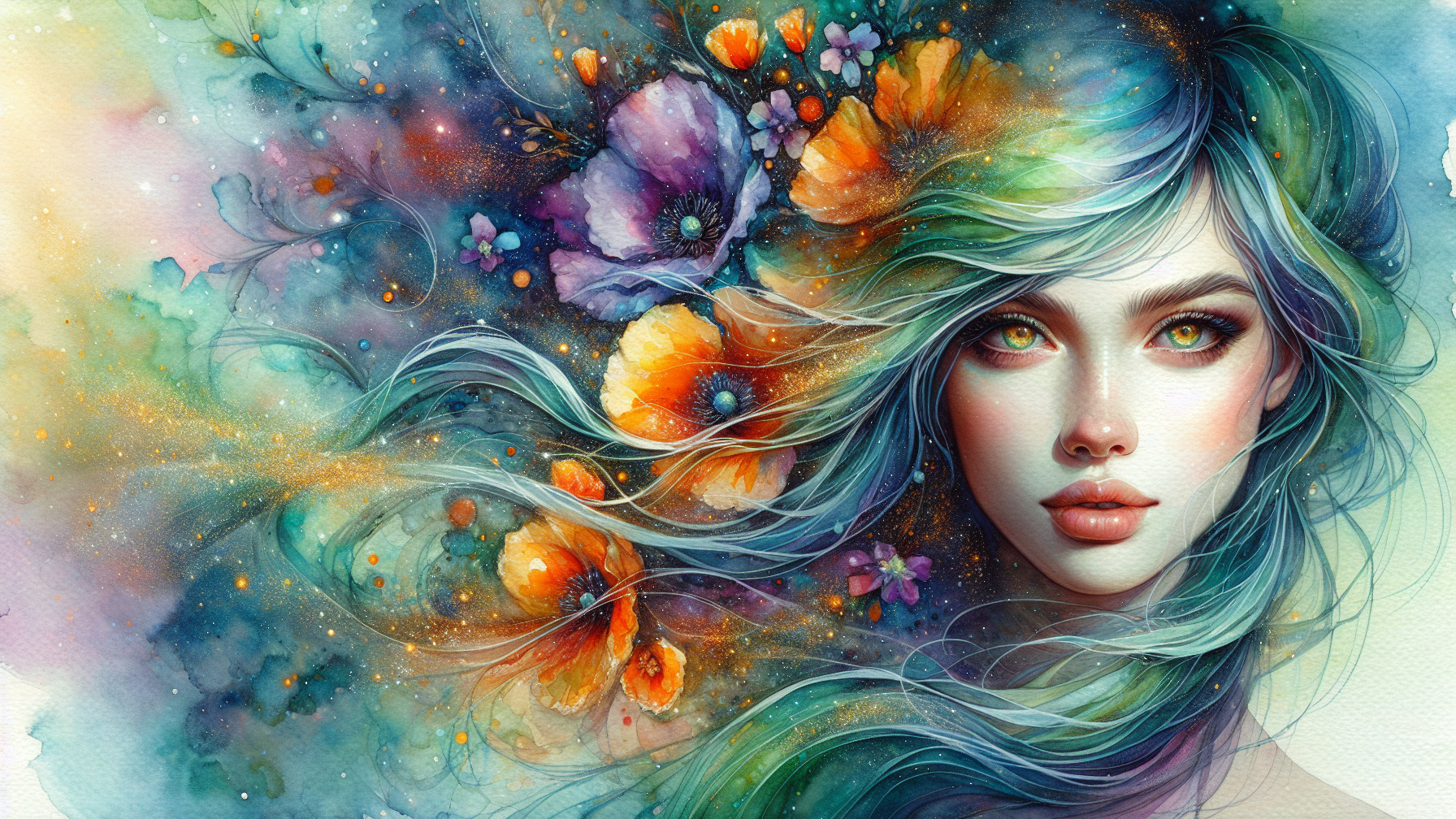 Watercolor Portrait of Woman with Flowers and Pastels