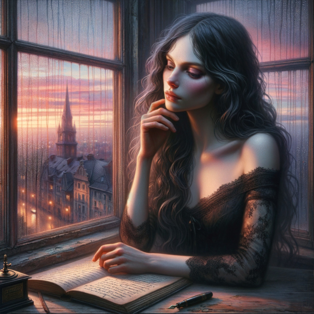 Melancholic woman gazing at twilight cityscape