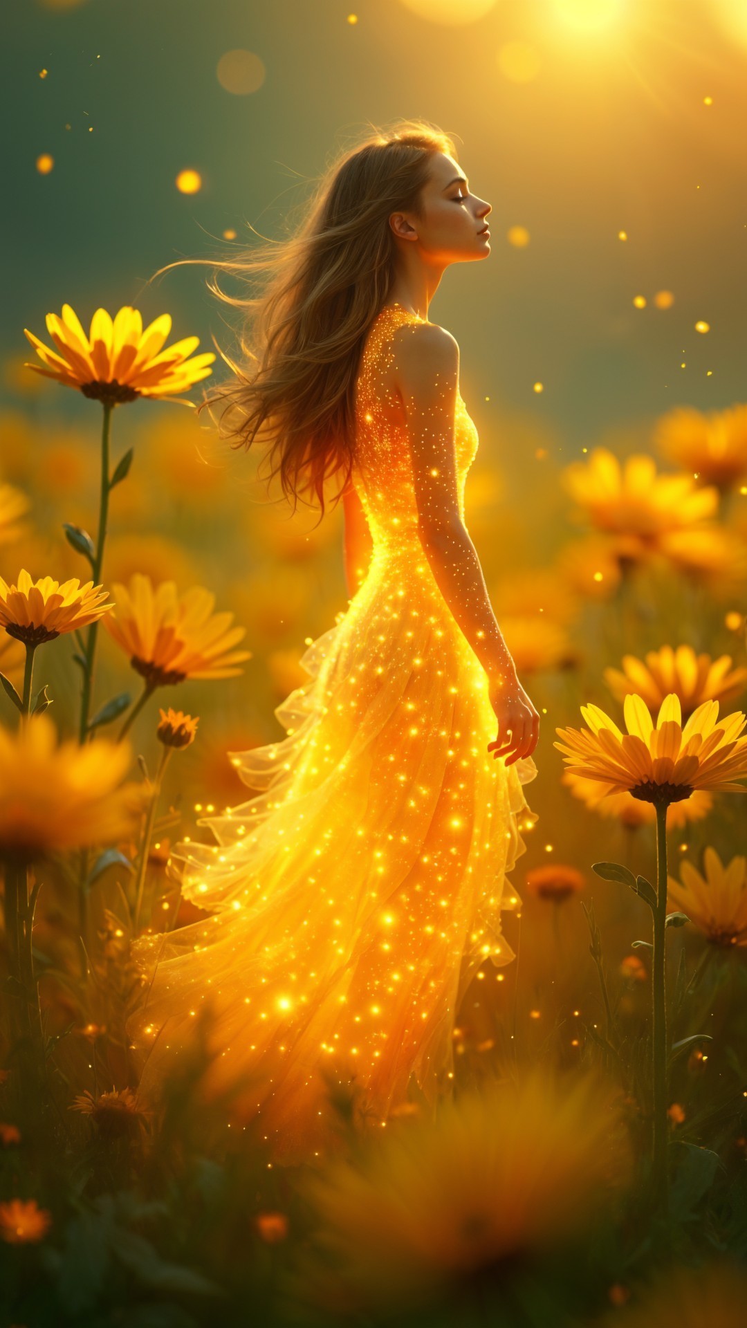 Young woman in a field of vibrant yellow flowers