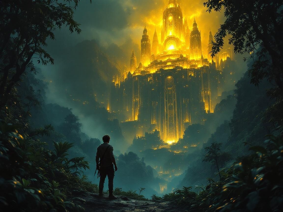 Lone Figure Overlooks Golden City by Mystical Forest