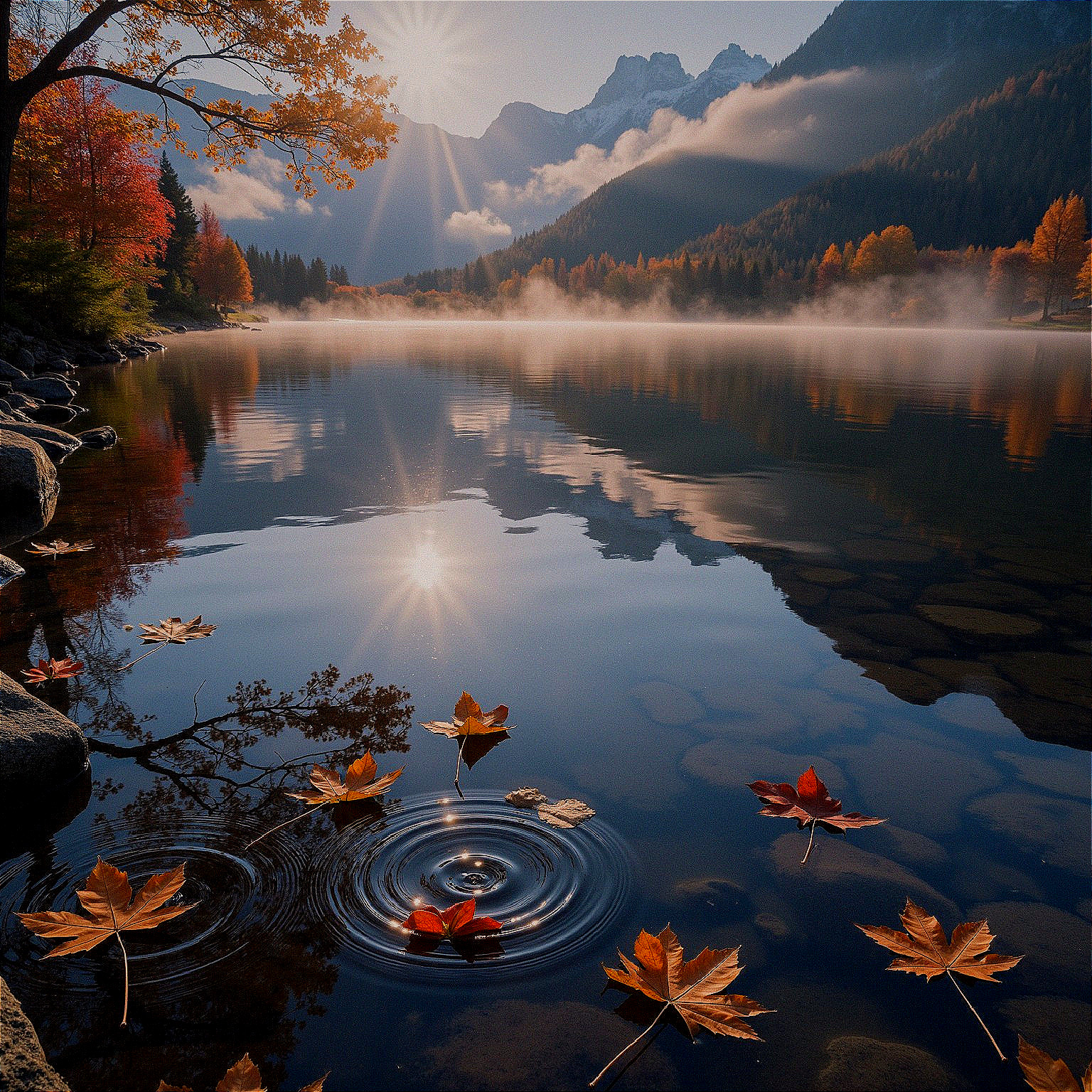 Serene Lake and Majestic Mountains in Autumn Setting