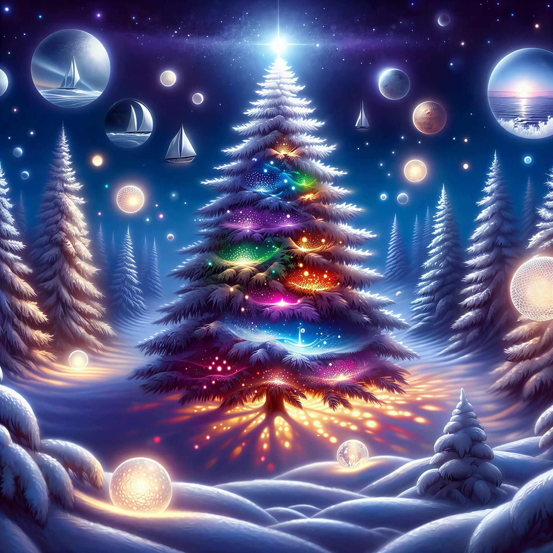 Snowy Night Landscape with Colorful Christmas Tree