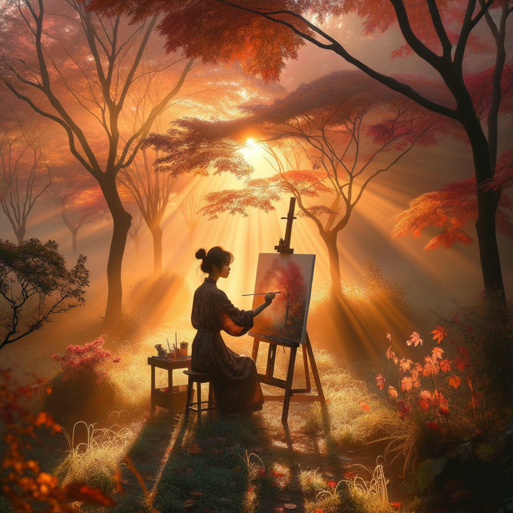 Autumn Landscape with Woman Painting in Forest