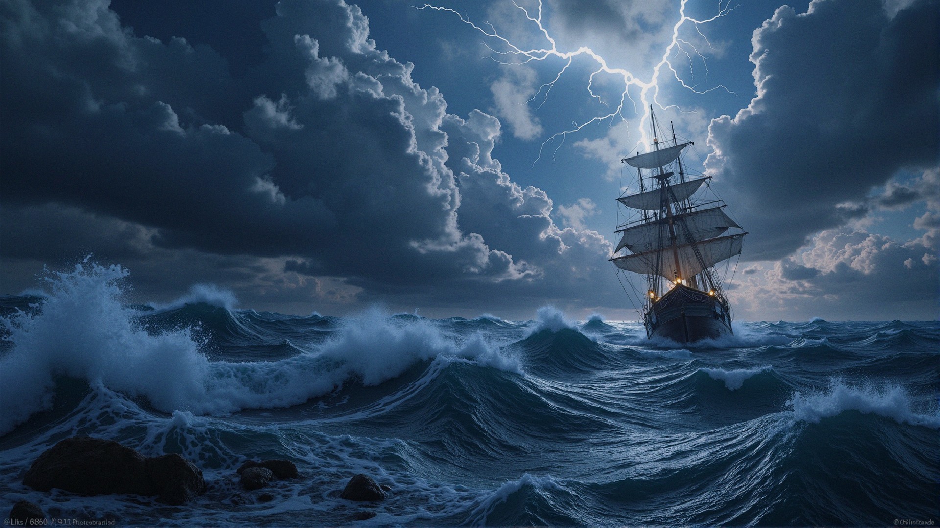 Ship Navigating Stormy Seas with Lightning and Waves