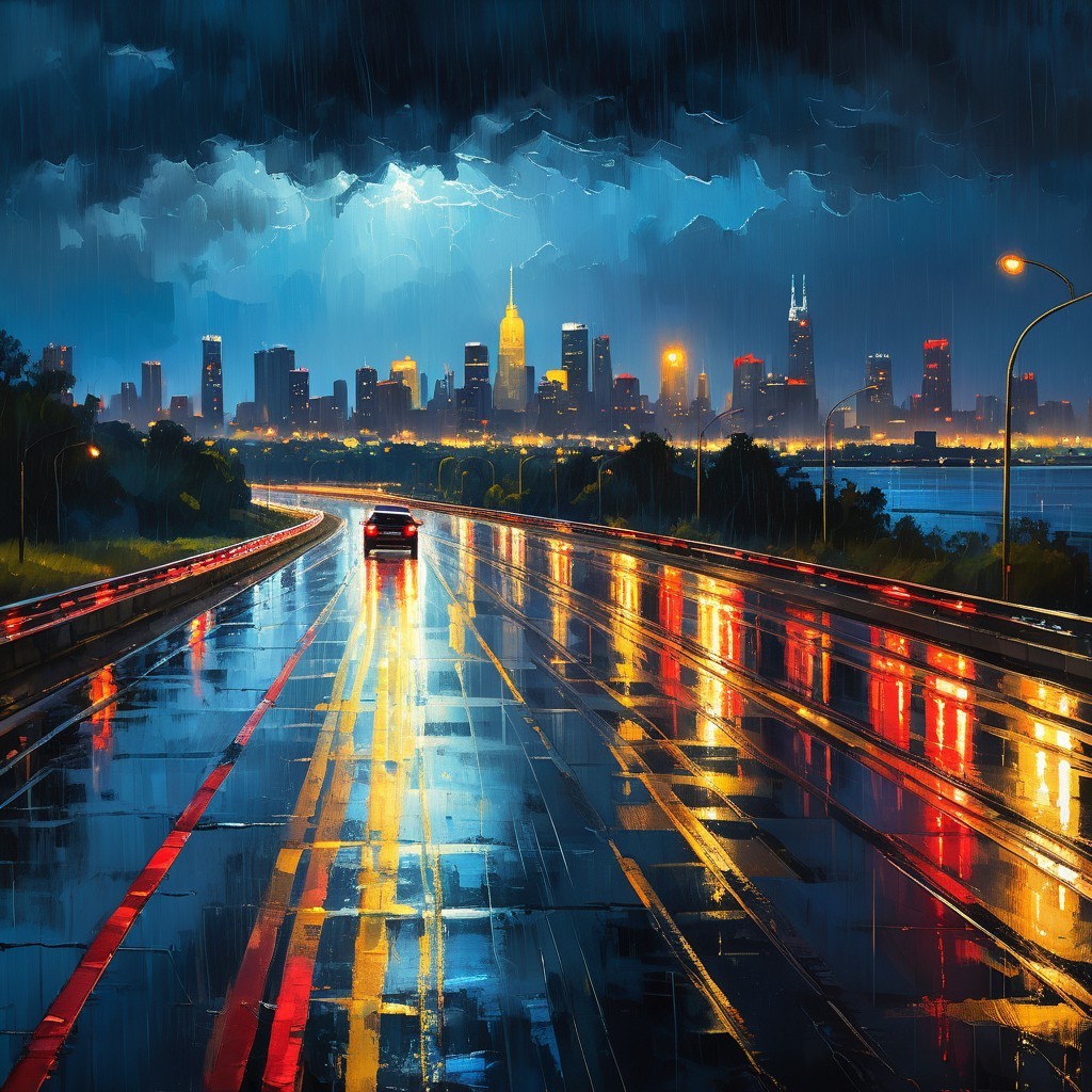 Wet City Road Under Stormy Sky with Vibrant Lights