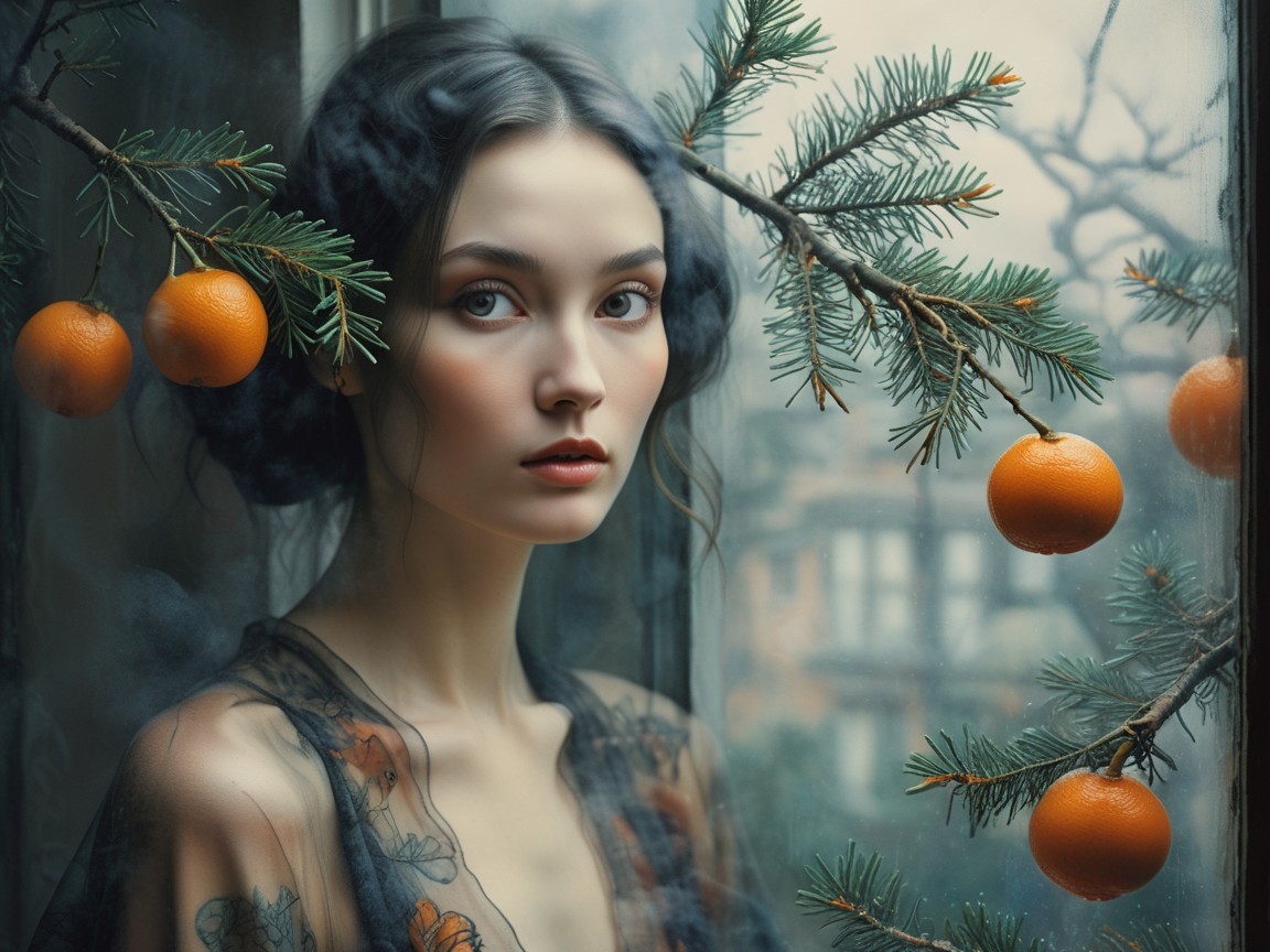 Young Woman Gazing from a Window Surrounded by Oranges