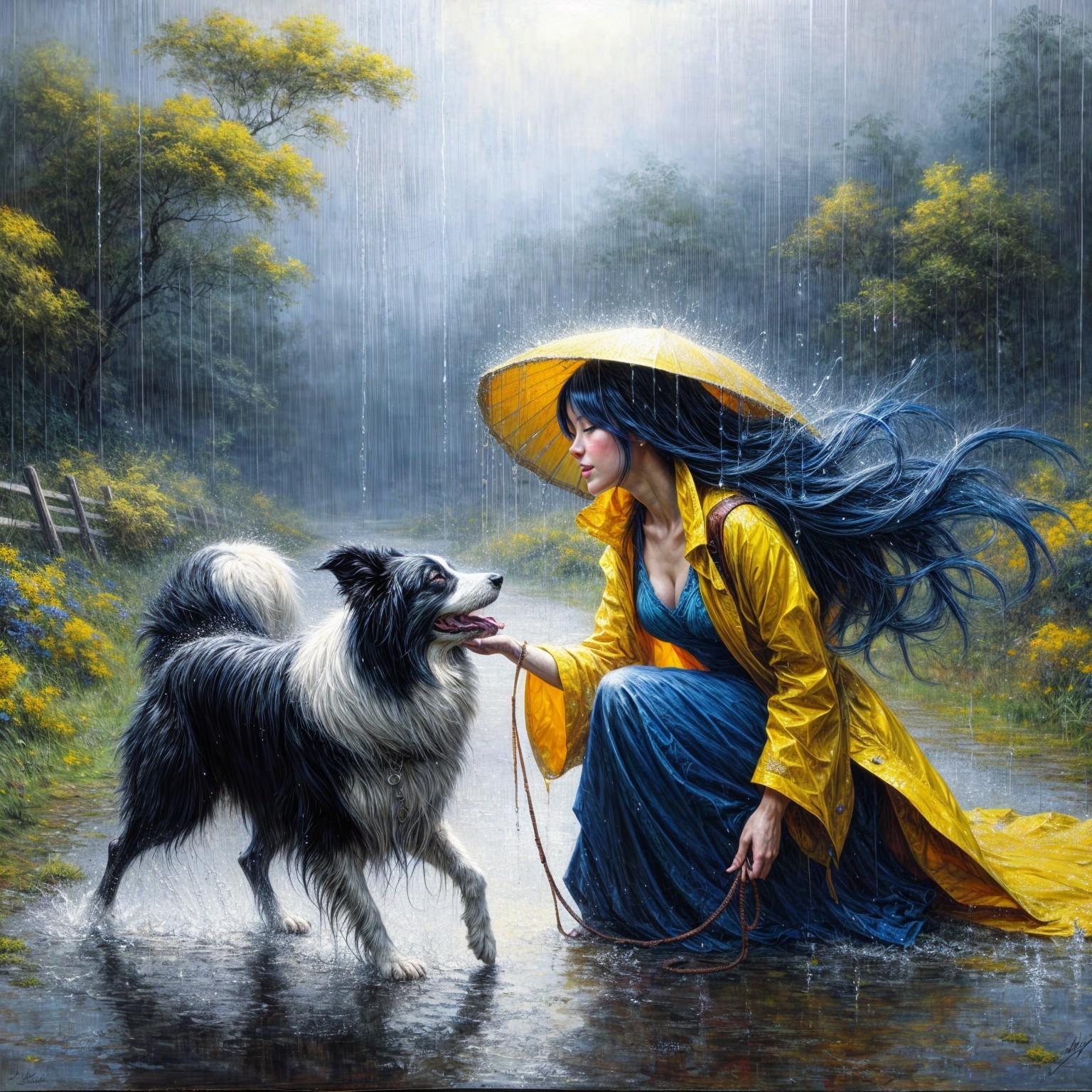 Rainy Landscape with Woman and Dog in Yellow Raincoat