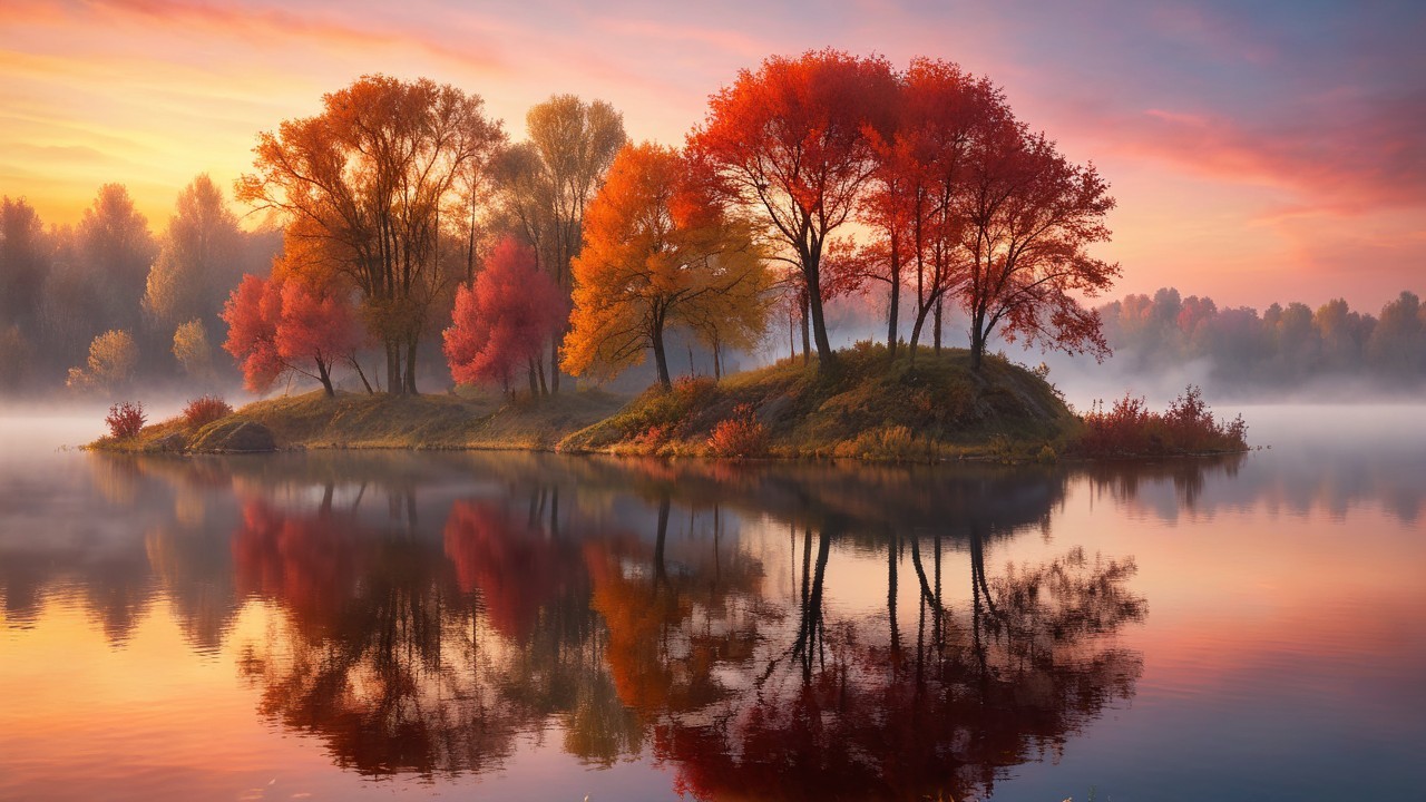 Serene Dawn Landscape with Autumn Trees and Lake