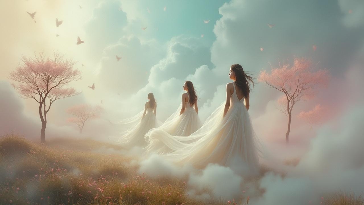 Ethereal Figures in Misty Pastel Landscape