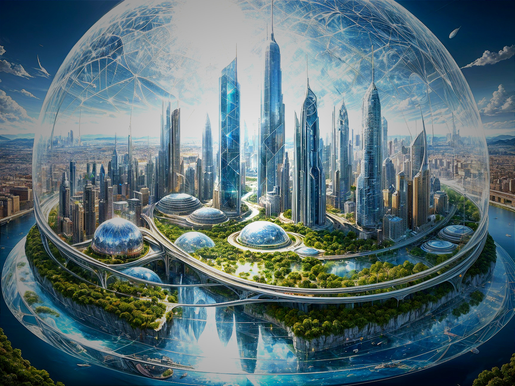 Futuristic City Under a Transparent Dome with Nature