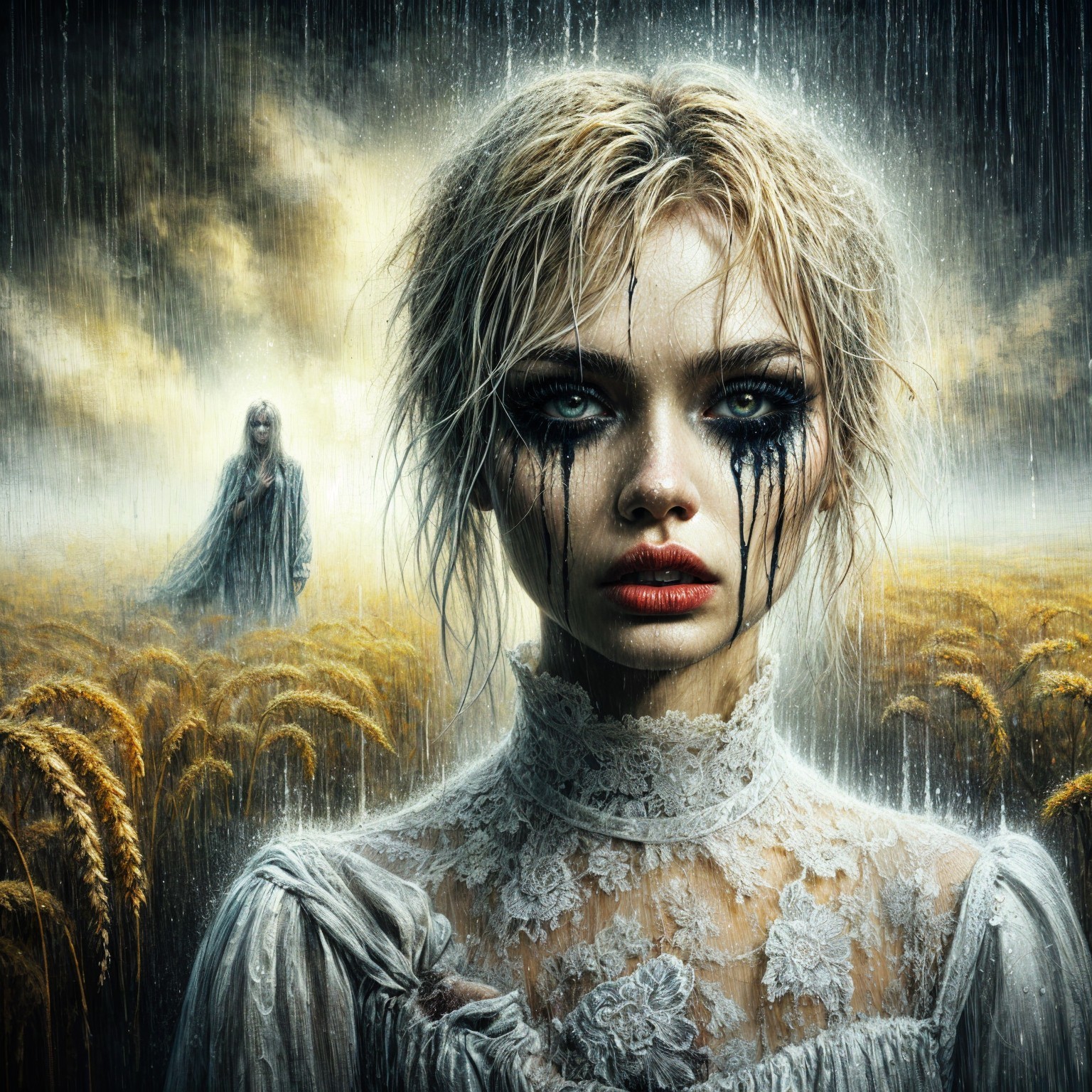 Ethereal Landscape with Sorrowful Woman in Wheat Fields