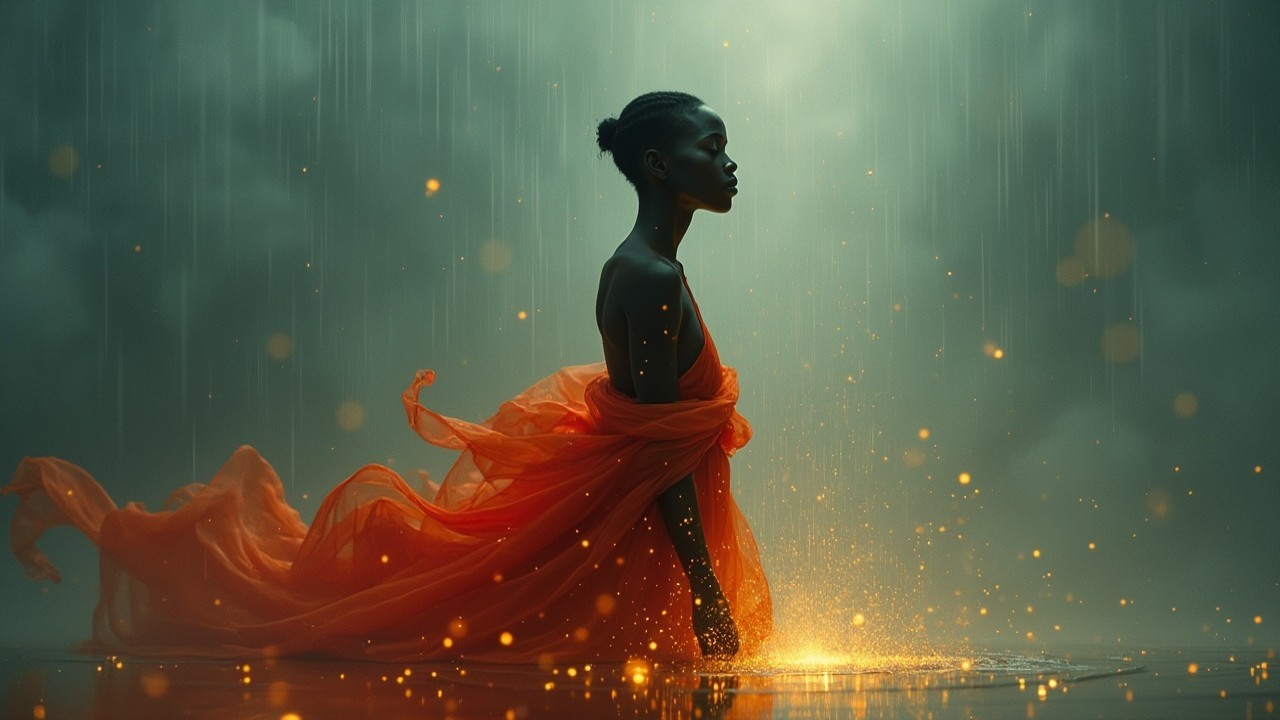 Silhouette of a Woman in Flowing Orange Fabric