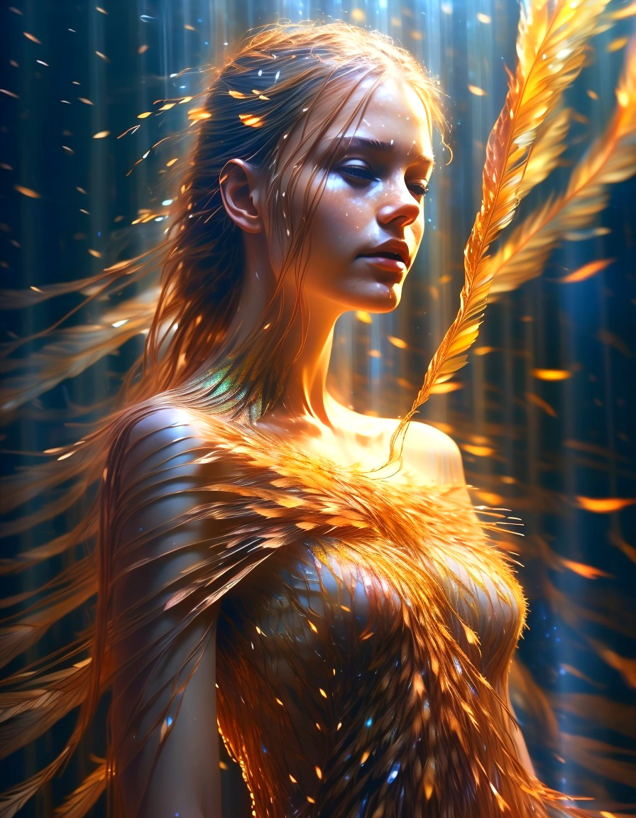 Mystical Figure with Golden Feathers in Dreamlike Light