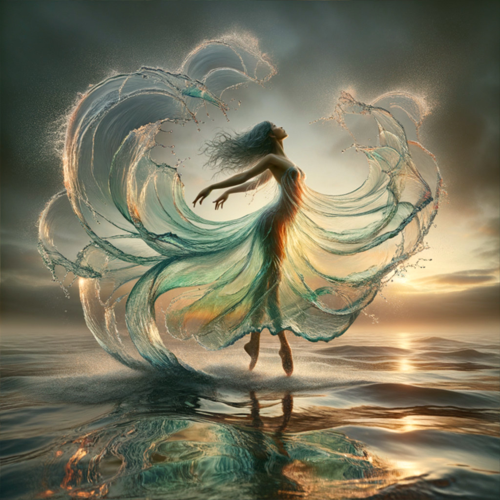 Graceful Figure in Flowing Dress by Shimmering Water