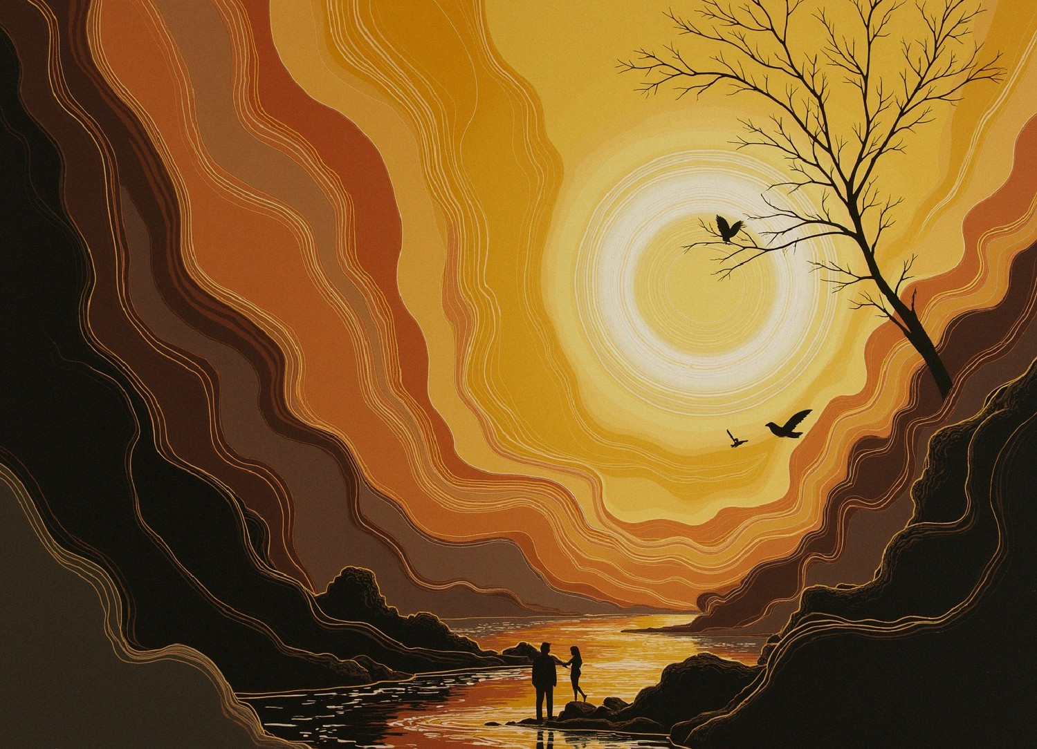 Serene landscape with silhouetted figures at sunset
