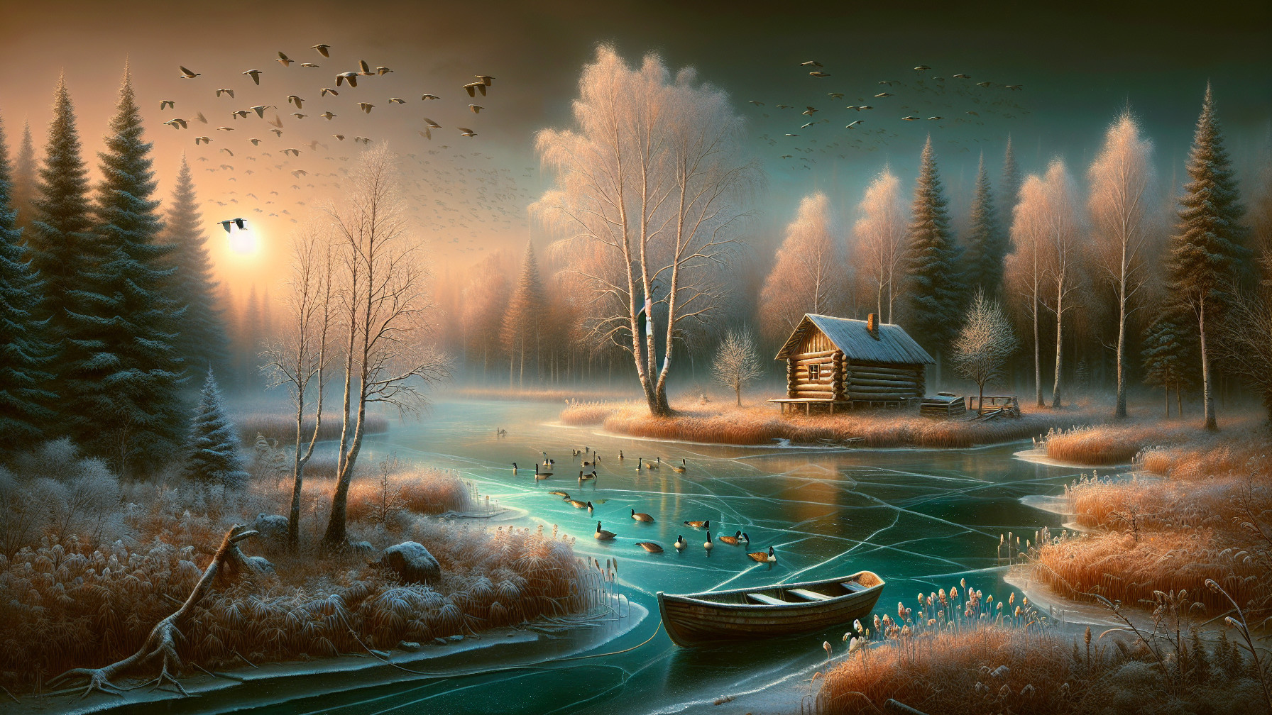 Serene winter landscape with cabin and frozen river
