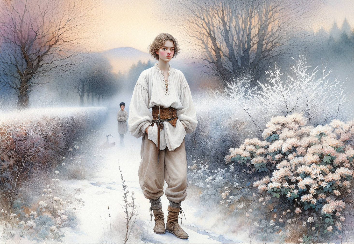 Serene Winter Landscape with Rustic Figures and Flora