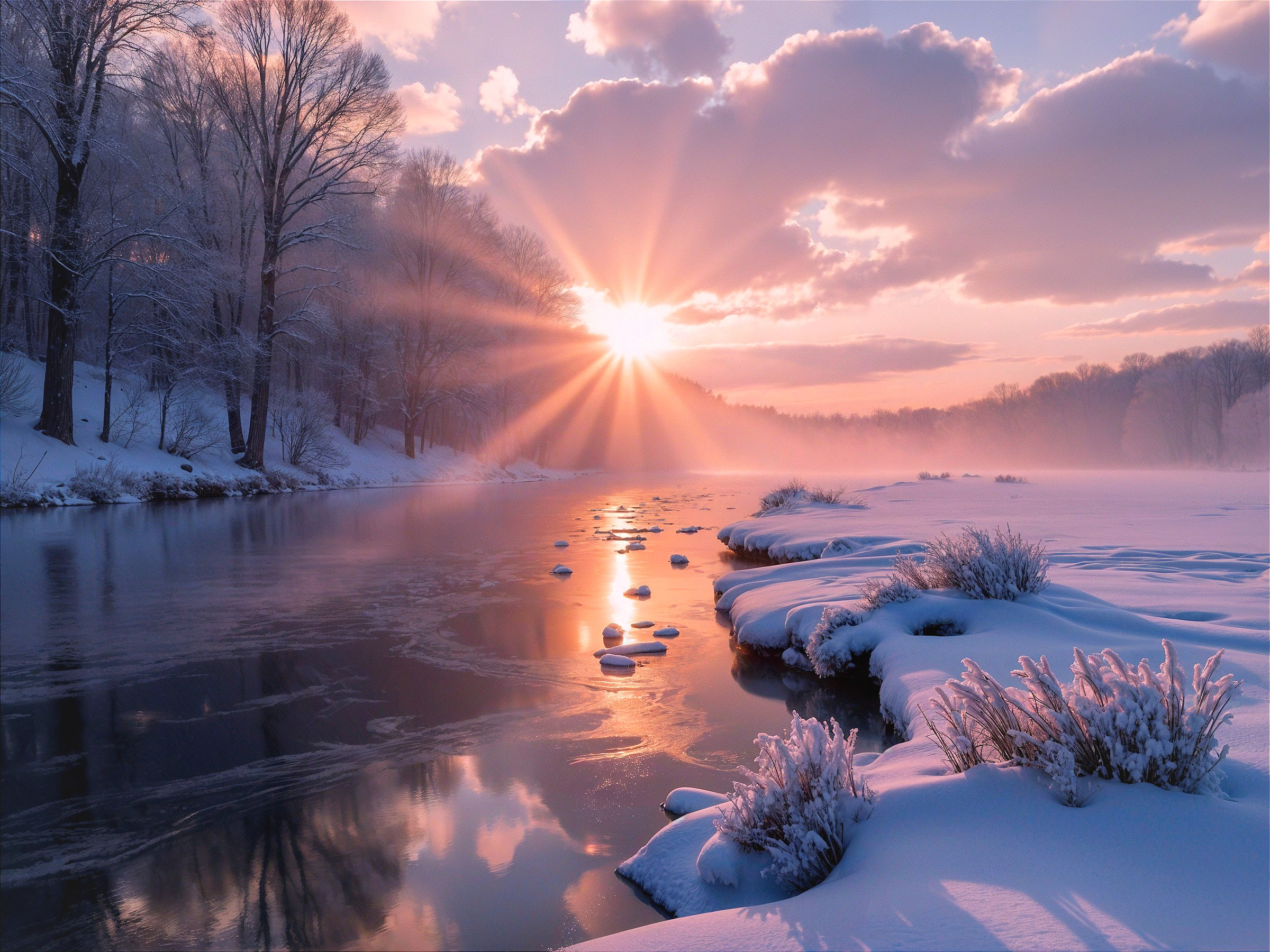 Serene Winter Landscape with Calm River at Sunset
