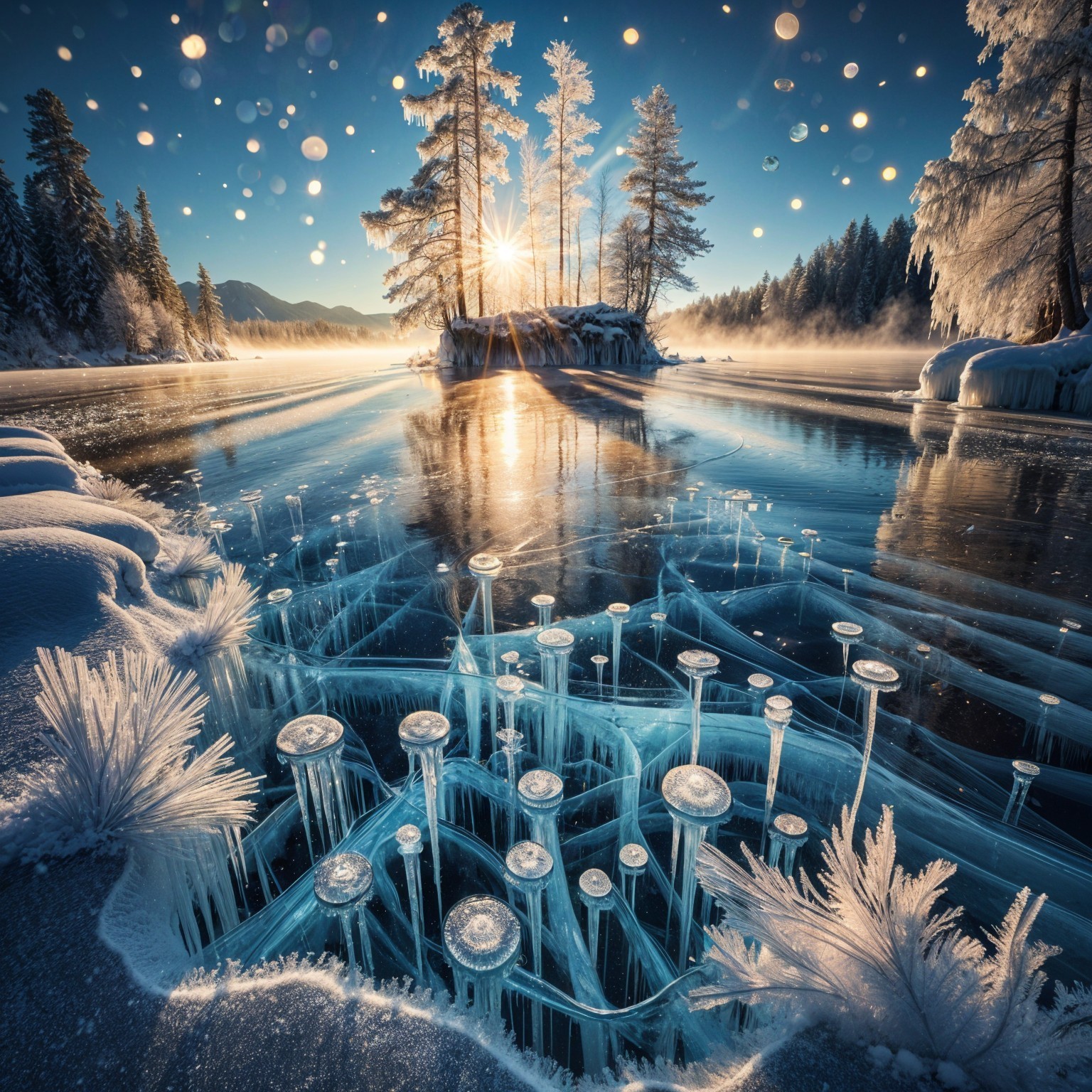 Serene Winter Landscape with Frozen River and Sunrise