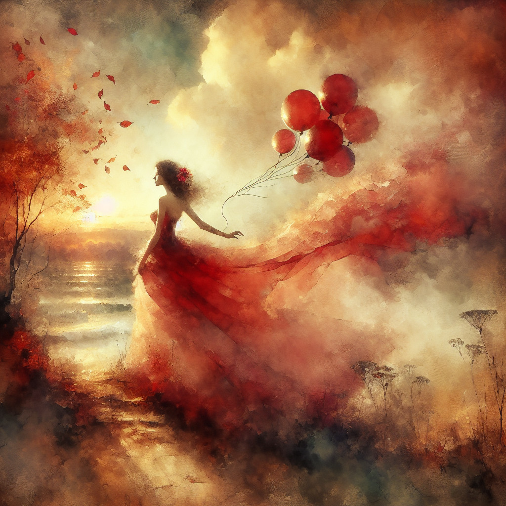 Woman in Red Dress by Lake at Sunset with Balloons