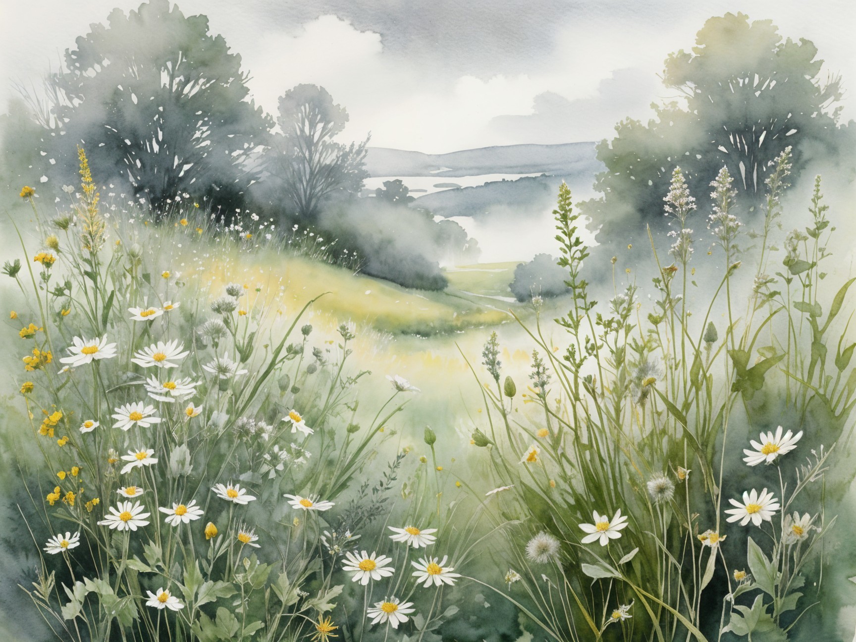 Lush Meadow with Wildflowers and Gentle Hills