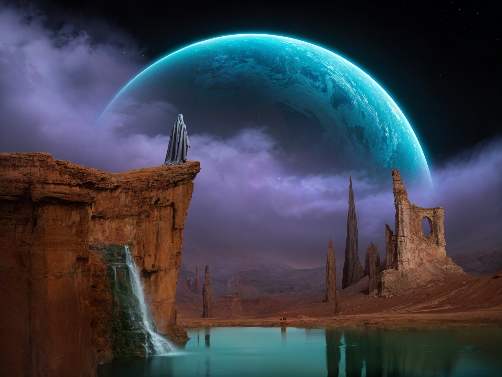 Solitary figure on cliff with turquoise lake and planet