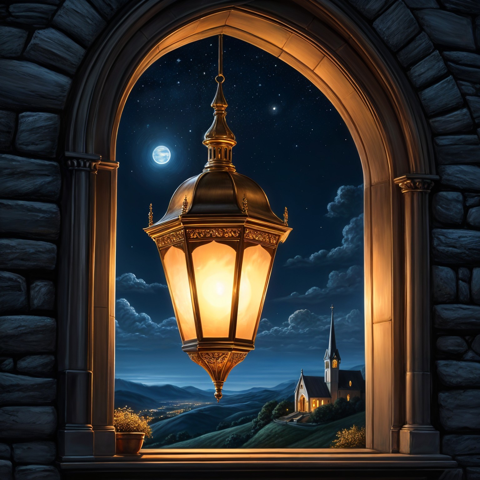 Ornate Lantern Under Stone Archway at Night