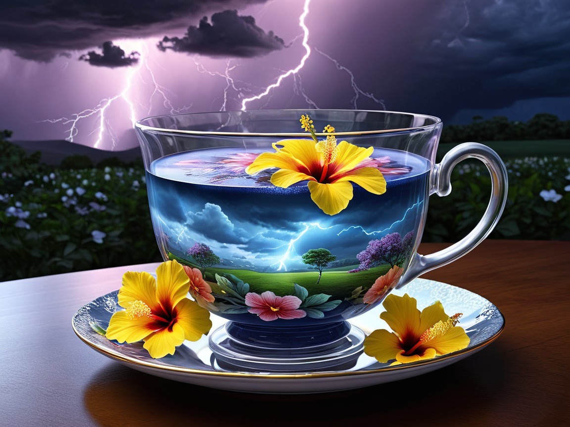 Glass Cup with Blue Water and Miniature Landscape