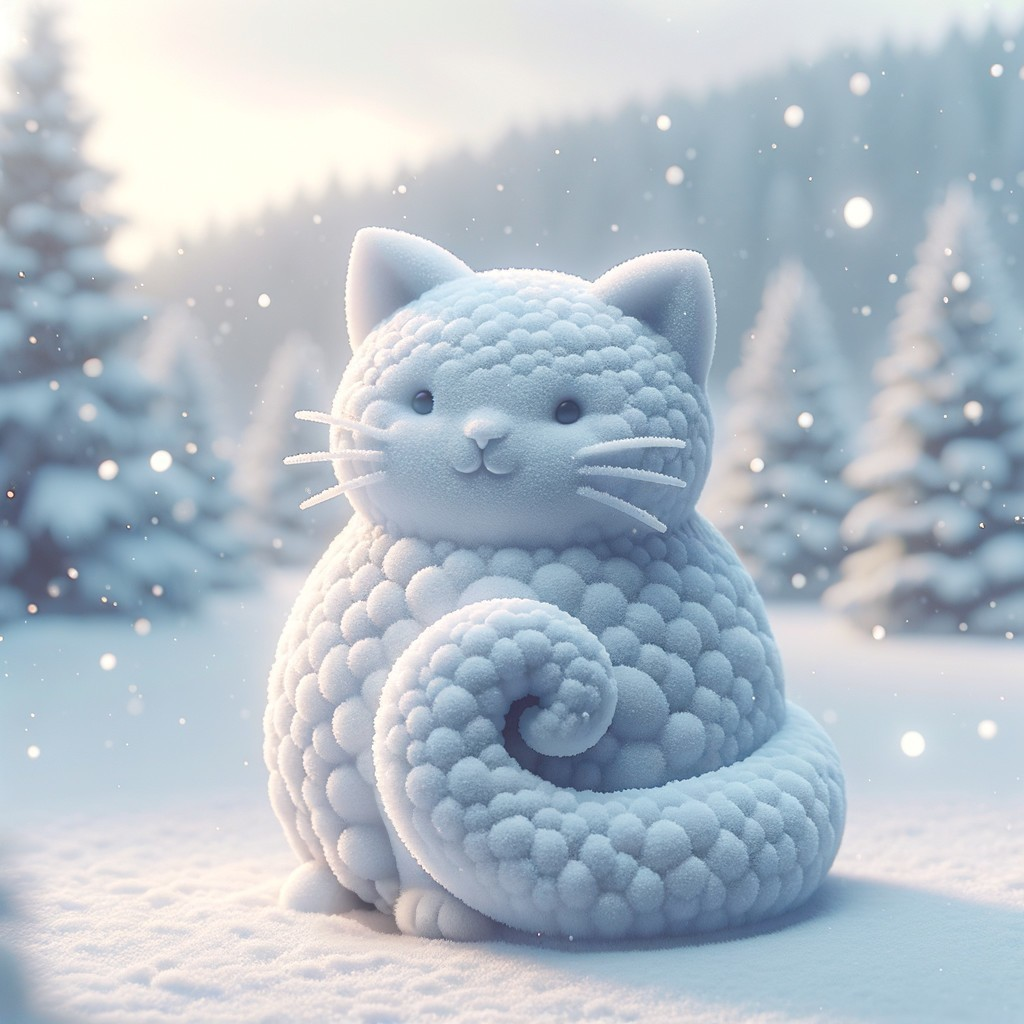 Plump cat sculpture with intricate fur in snowy landscape