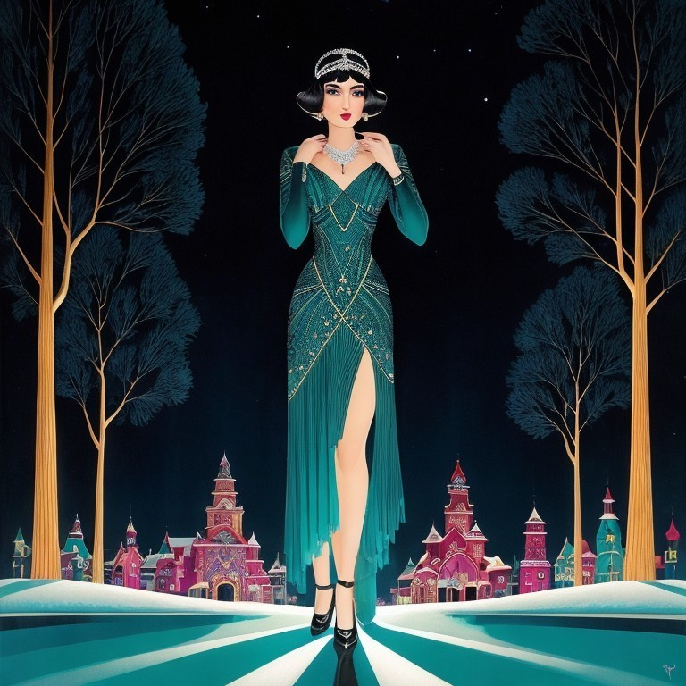 Art Deco style illustration of woman in green flapper dress in nocturnal landscape